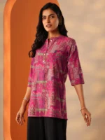 Pink Printed Silk Blend Straight Short Kurti