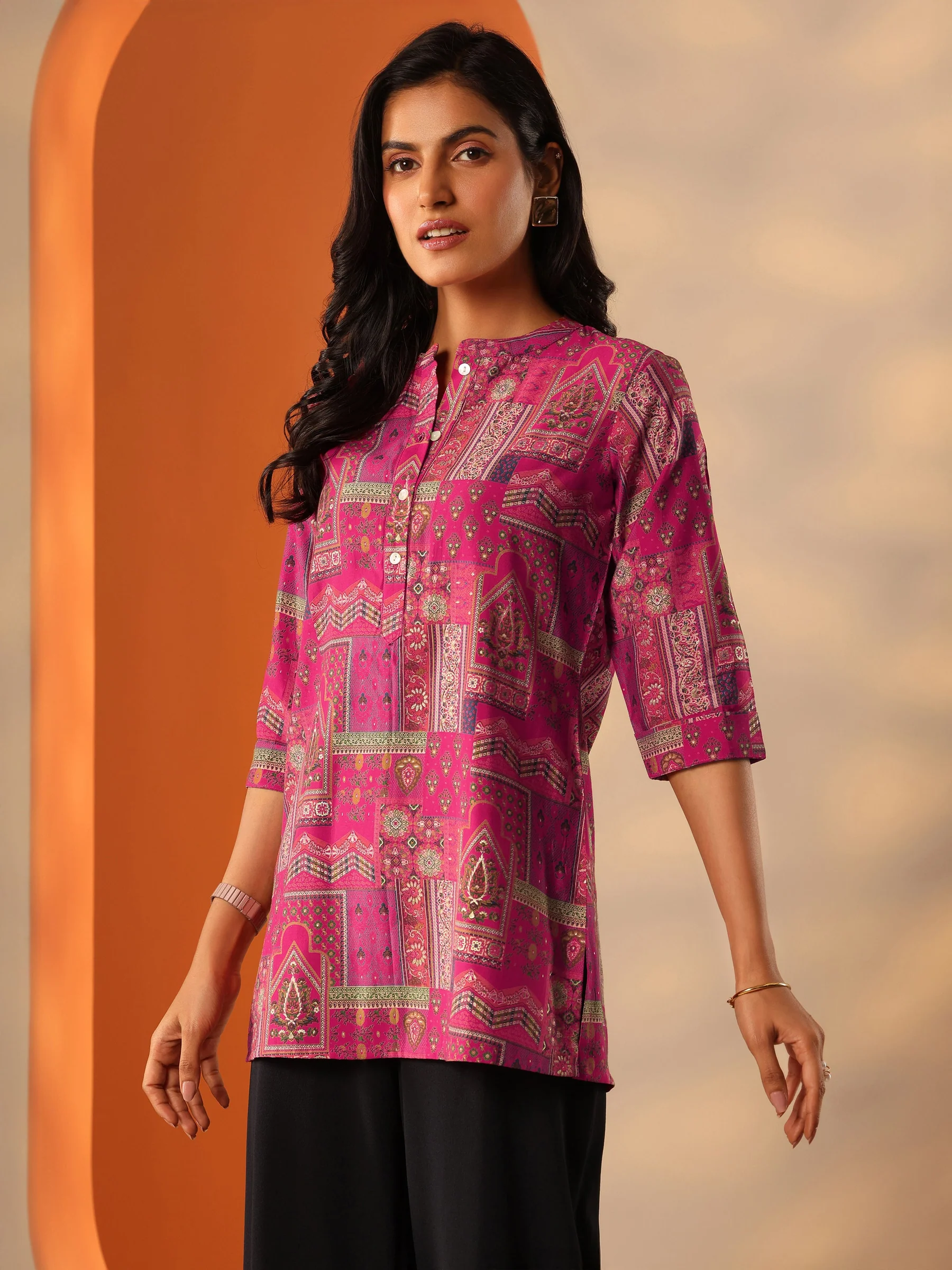 29742_2_e52f3c7c-1296-4aa9-9b5a-d1ae46cf0b3e-1.webp Pink Printed Silk Blend Straight Short Kurti - Image 1