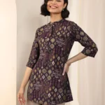 Burgundy Printed Silk Blend Straight Short Kurti