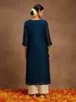 Teal Embroidered Chanderi Silk Straight Kurta - Image 3
